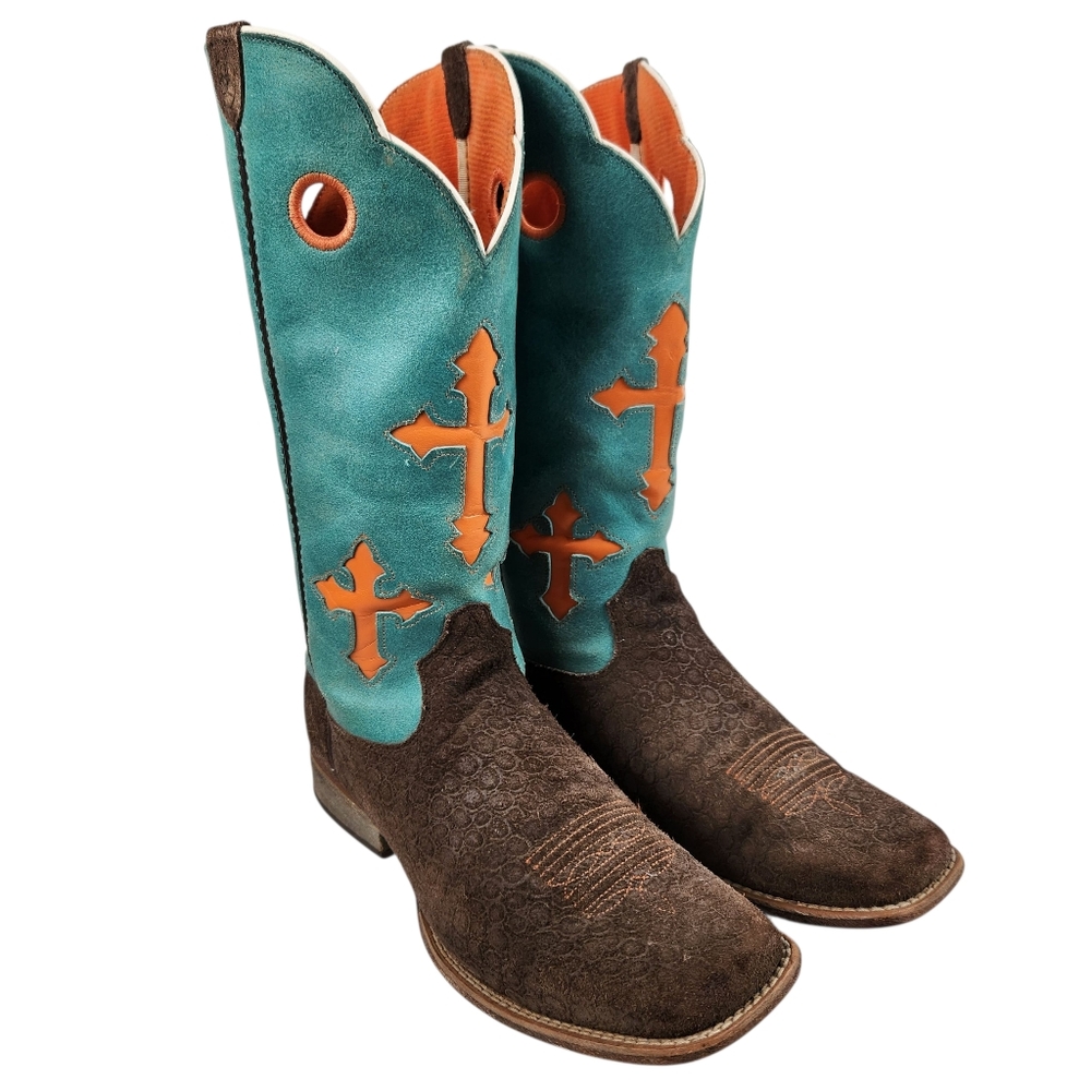 Ariat Ranchero Brown Leather Turquoise Orange Cross Western Boots Mens Size 6